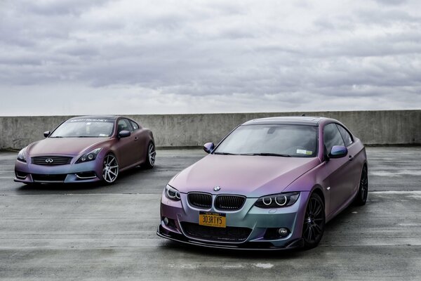 BMW, infiniti, chameleon paint, asphalt, sky