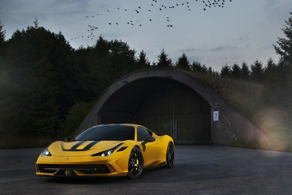 Yellow Ferrari in a gloomy forest