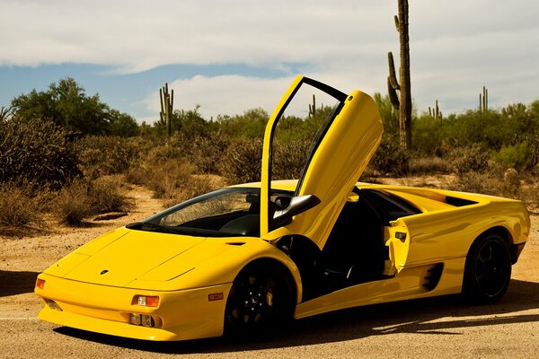 A luxurious yellow Lamborghini with folding doors surprises with the sophistication of its shapes in the desert