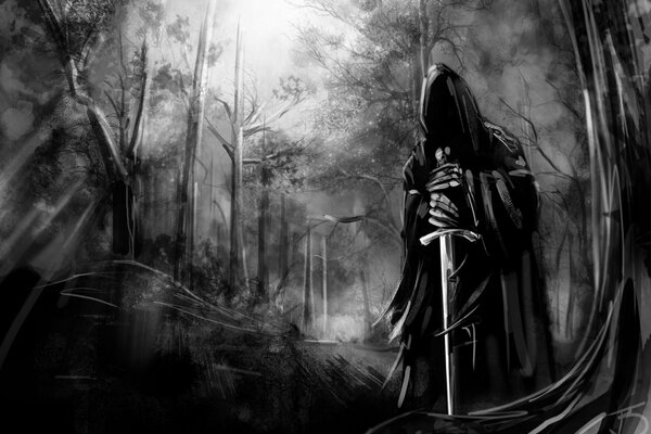 A dark man with a hidden face and a sword
