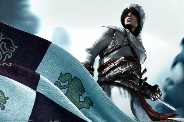 An assassin from Assassins creed with a flag and a tool