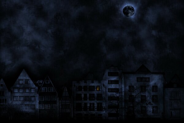 A gloomy street with a dark moon and houses