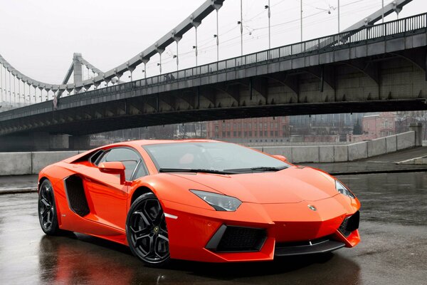 Lamborghini Aventador orange mokry asfalt