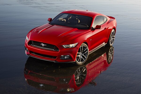 Ford Mustang rojo de pie en el agua