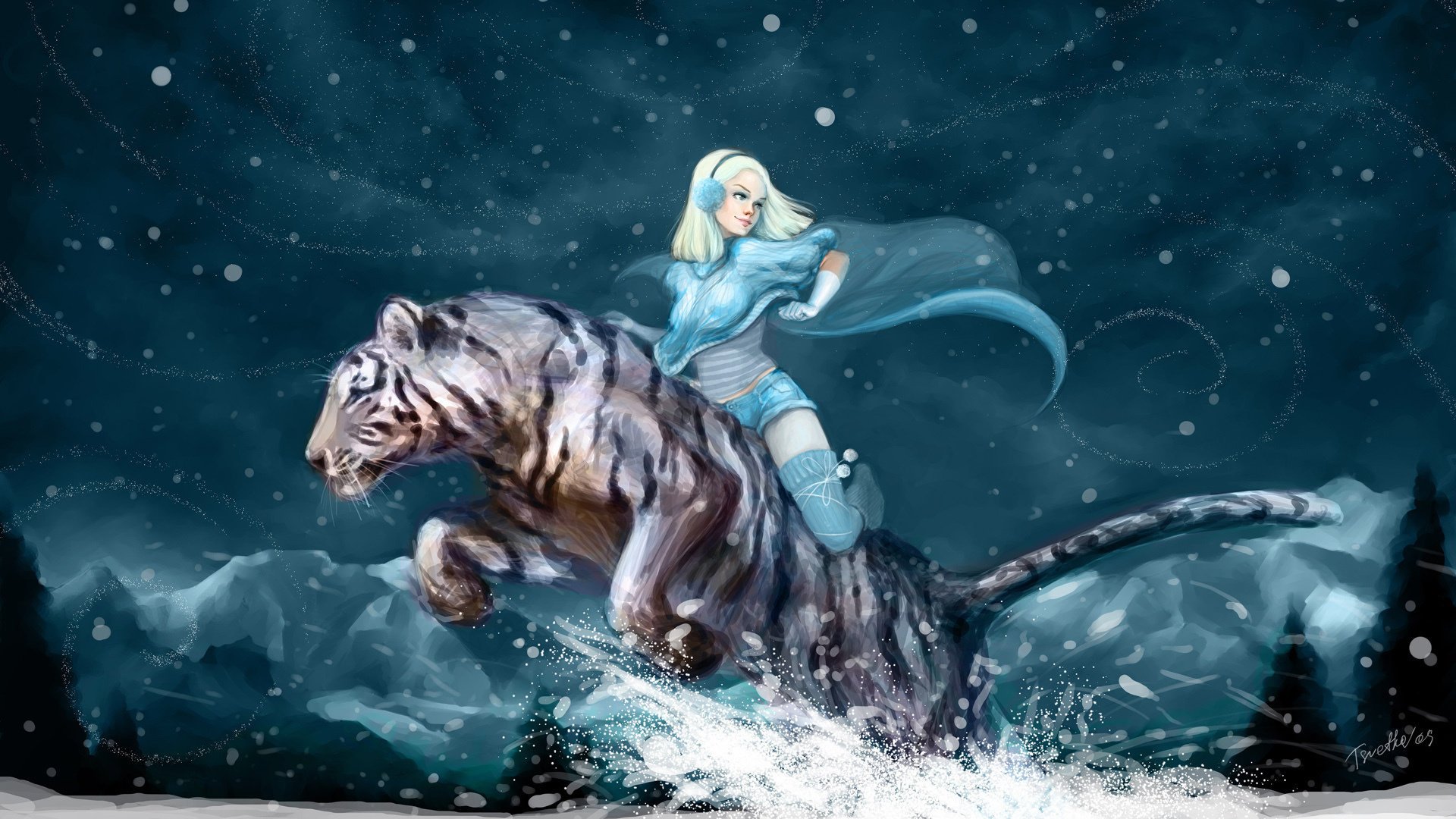 anime tigre blanco invierno montañas tigre nieve chica noche jinete derivas escarcha torbellino viento tormenta nevadas velocidad movimiento dibujos animales felinos kis-kis-miau-miau depredadores cuento de hadas