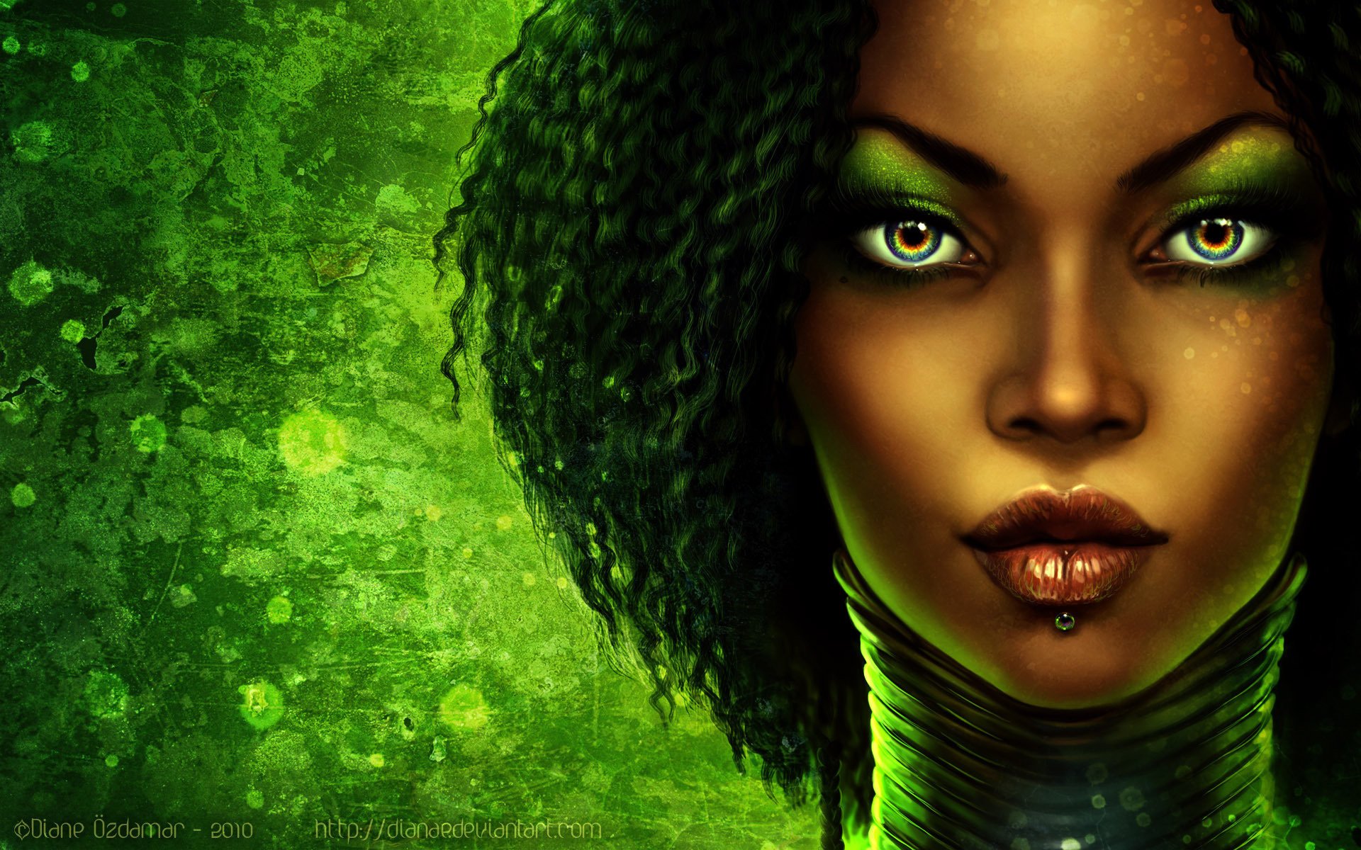 girl face eyes hair lips afro color green texture background portrait women look greens makeup