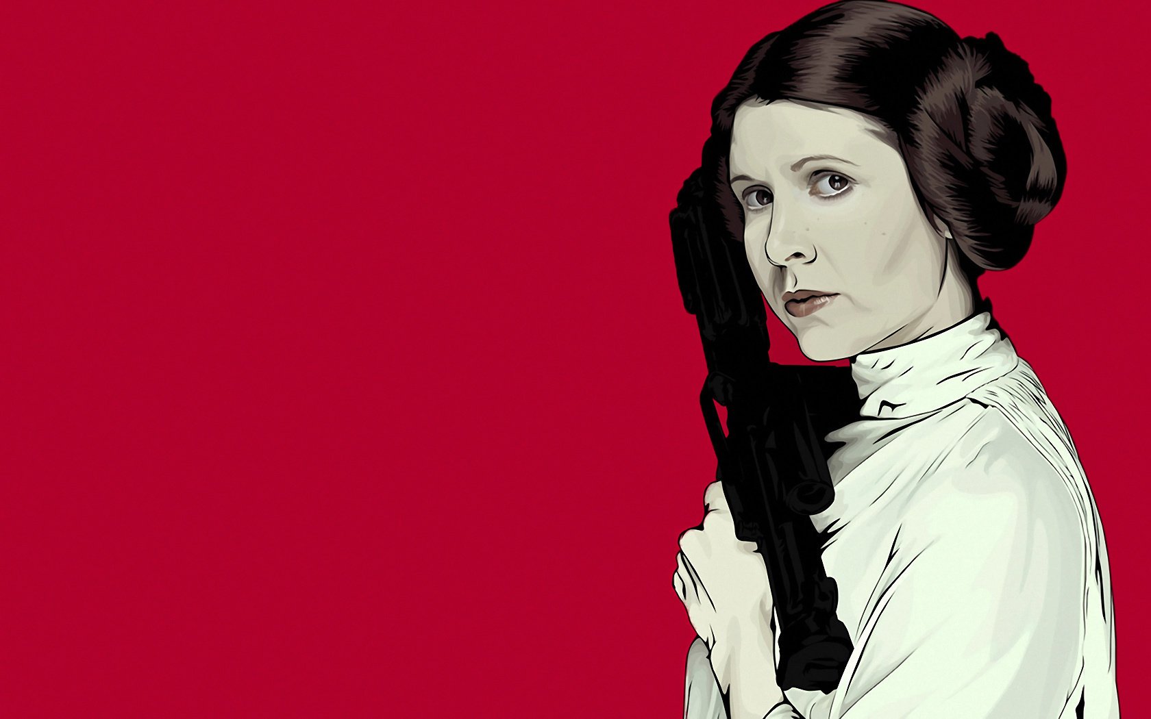 tar wars blaster pelo marrón kerry fisher star wars princesa leia fondo rojo fondo rojo mirada mujer peinado arma camisa blanca tirador cara retrato ojos dibujos anime