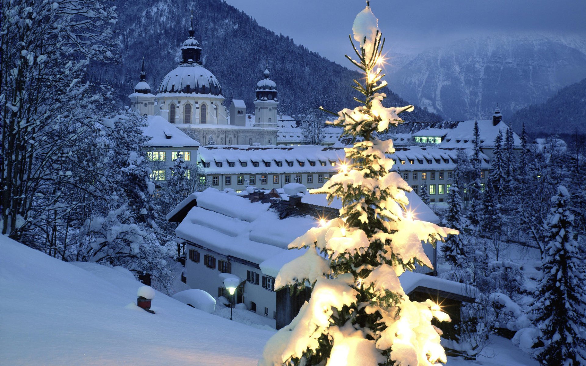 winter neujahr urlaub schnee weihnachtsbaum lichter hintergrundbeleuchtung architektur kuppeln gebäude licht laternen abend drifts bäume natur städte lichter der städte