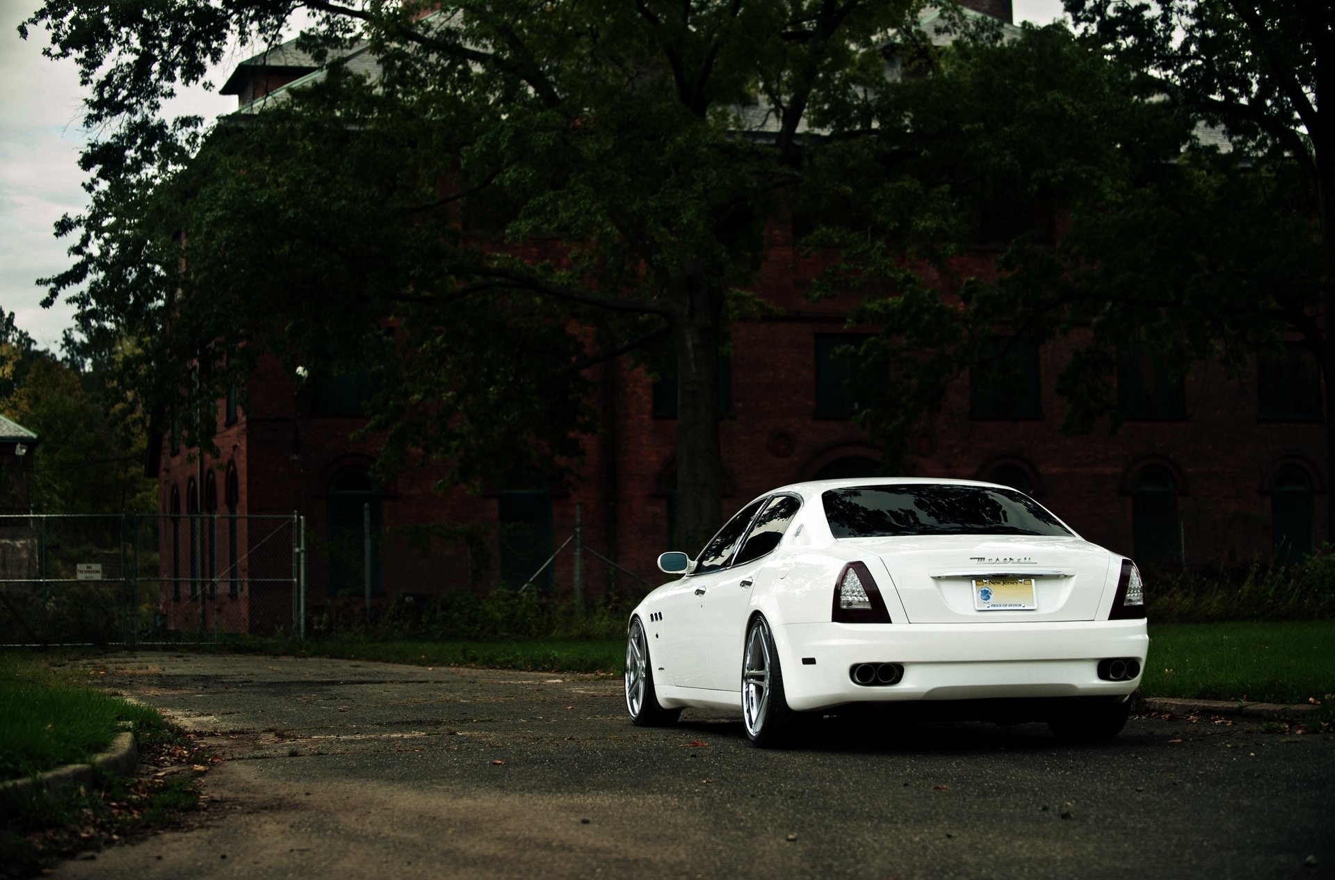 maserati quattroporte trunk building bumper tree white