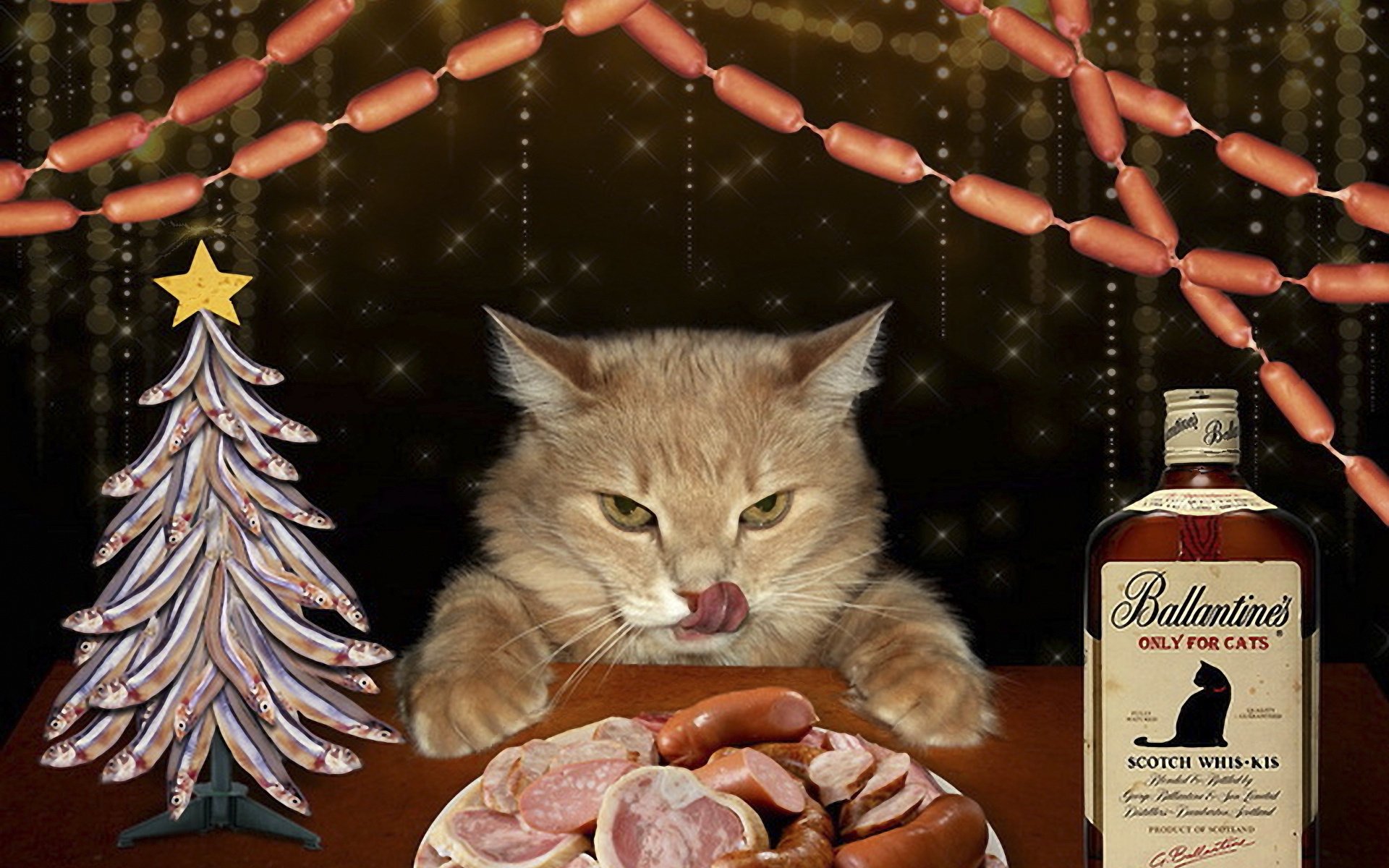 ghiottone ghirlanda di salsicce albero di pesce capodanno vacanza festa gatto lingua animale domestico baffi muso salsiccia carne taglio bottiglia alcol salsicce divertente creativo pesce animali felino vista kees-kees-meow-meow bevande