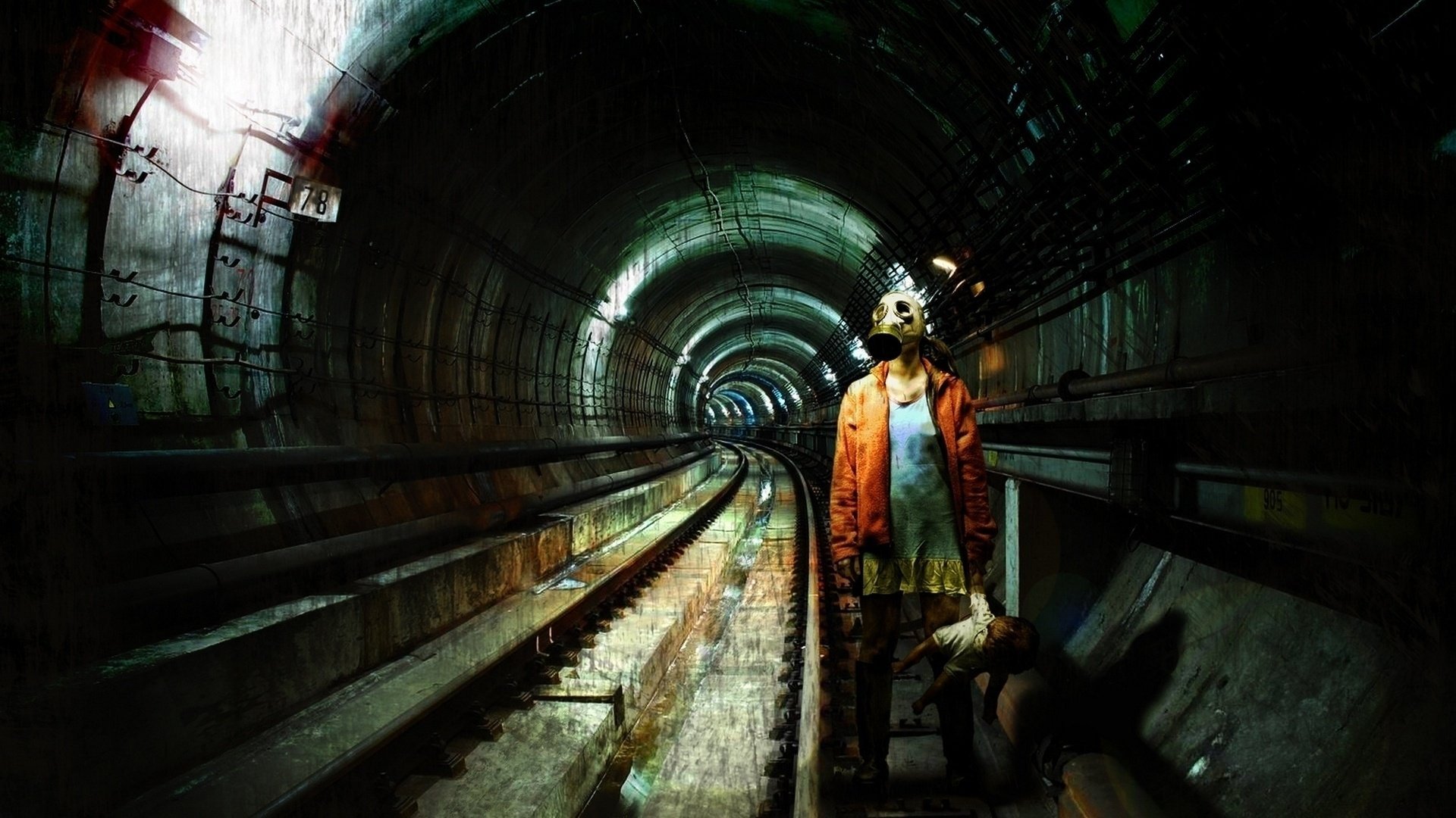 postnuclear gasmask dziewczyna maska gazowa lalka metro przemysłowe cyberpunk przemysłowe cyberpunk postapokalipsa szyny ciemność zmierzch metro metro