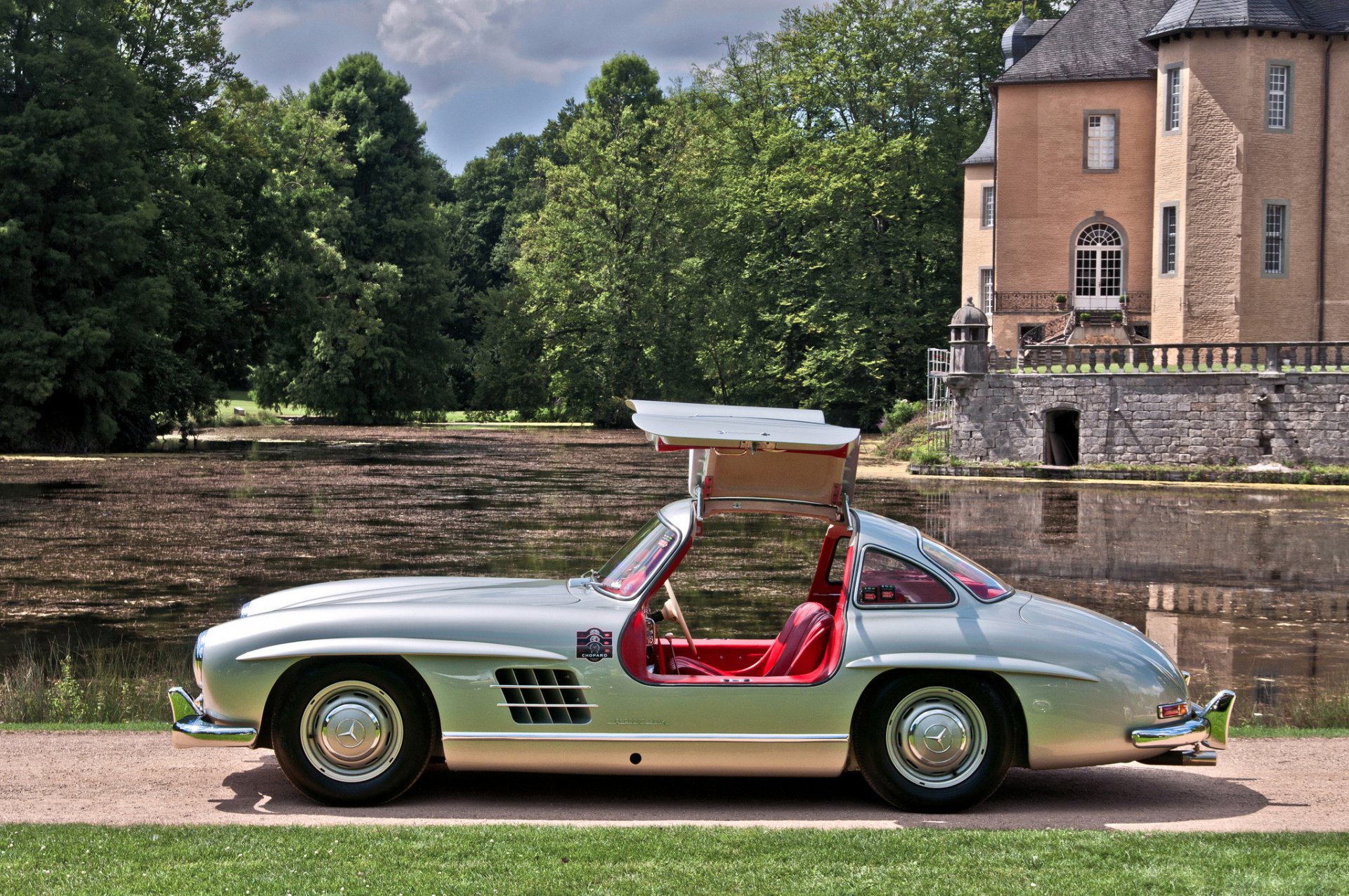 mercedesbenz 300 sl silver house tree lake grass mercedes silver tree