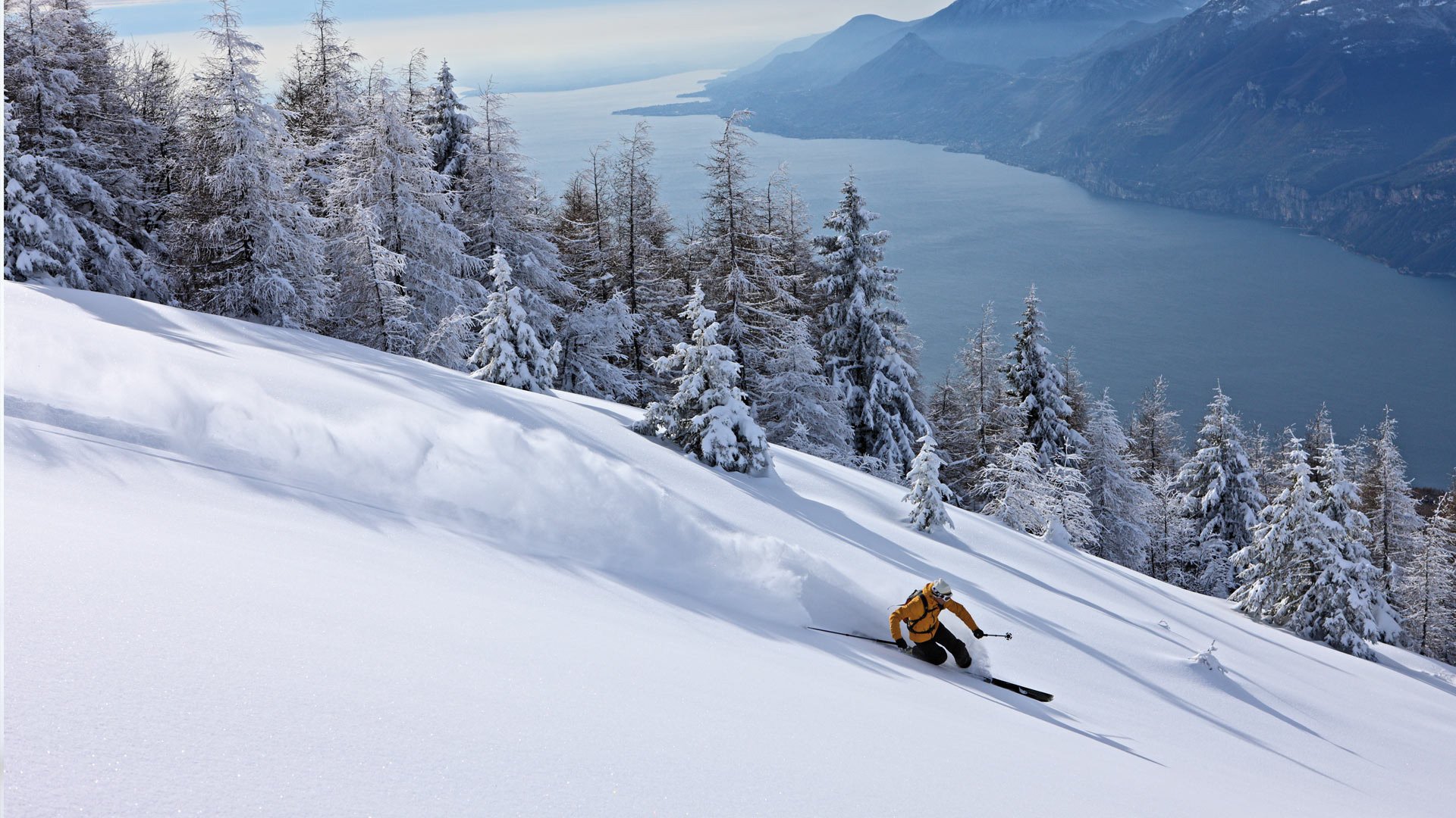 skifahrer skifahren extrem abstieg schnee winter bäume bäume fluss natur landschaft adrenalin sport mensch wirbel schneedecken schleier schneebedeckte bäume berge drifts frost