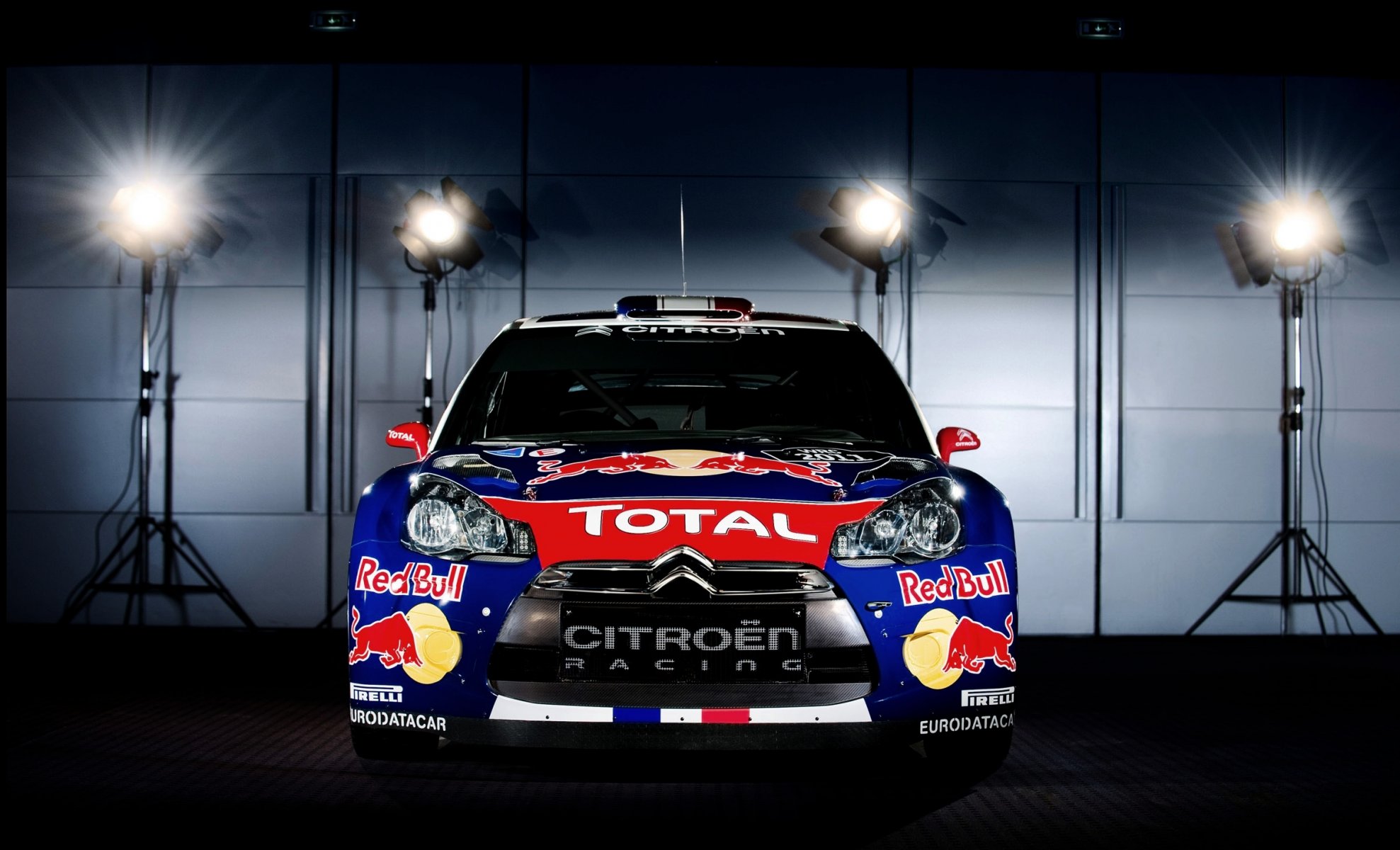 citroen ds3 rally photo shoot front end car stands headlights light red bull