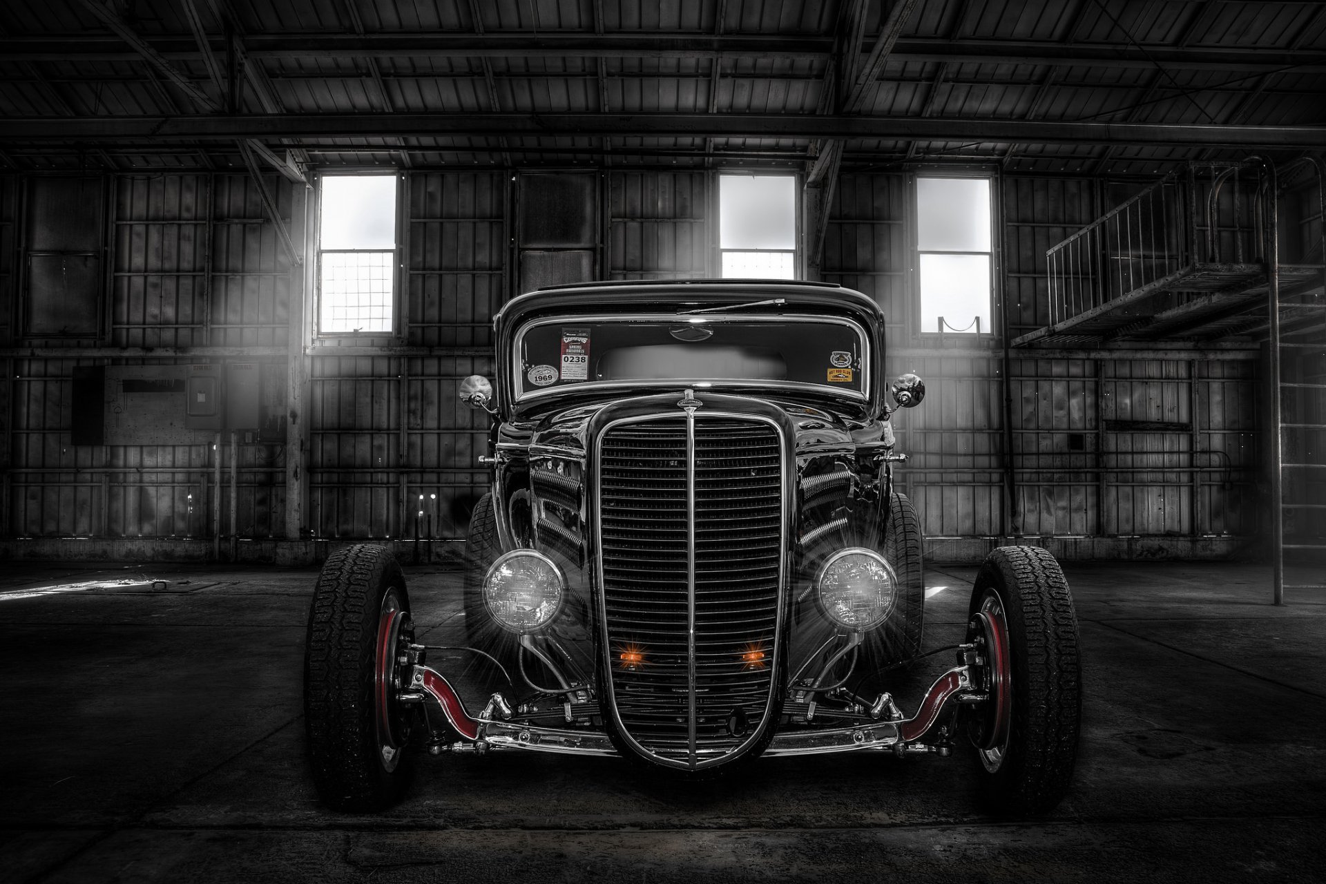 hot rod voiture classique classique rétro avant phares hangar