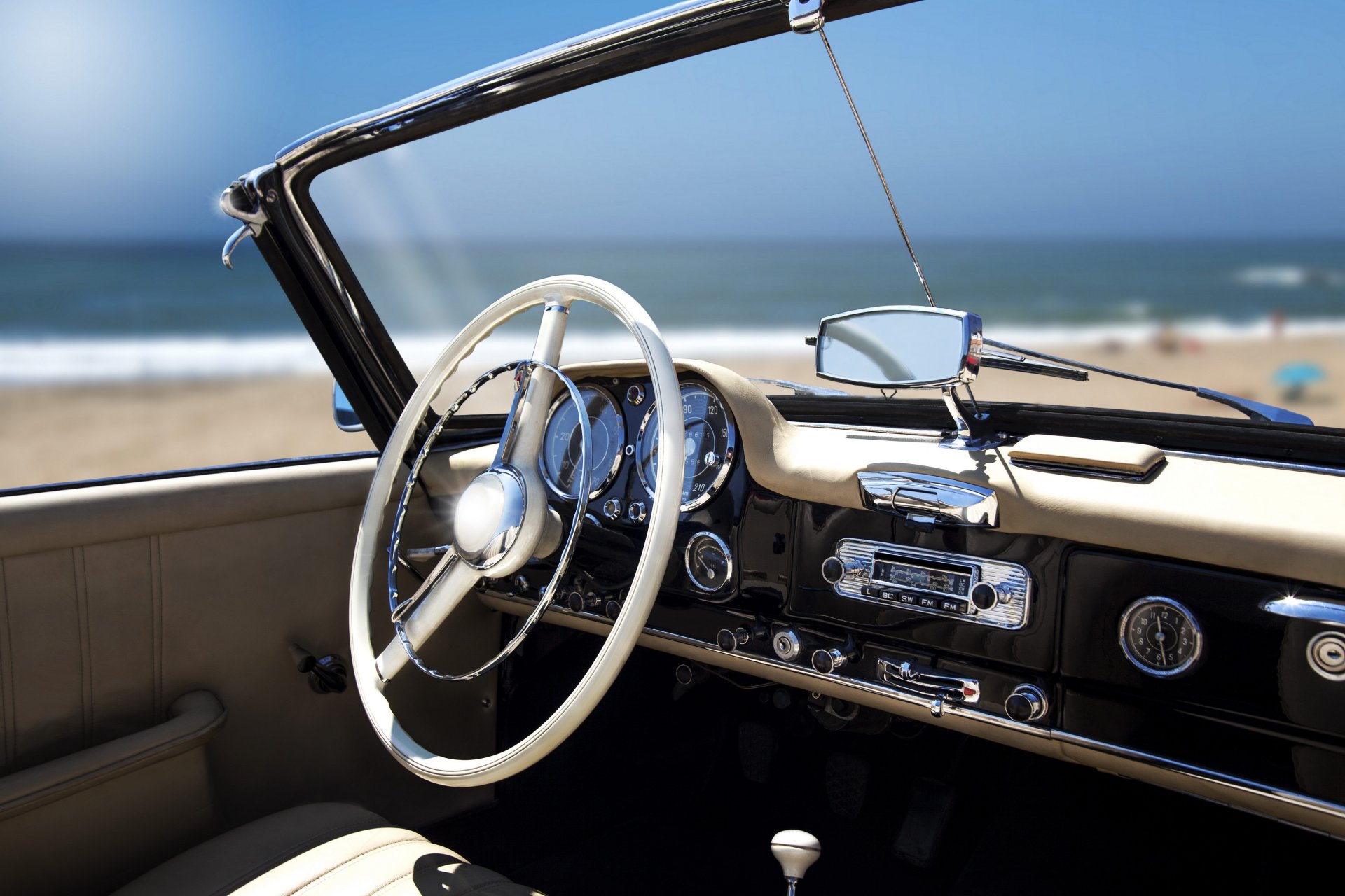 voiture rétro cabriolet salon volant panneau contrôles instruments océan plage loisirs se détendre flou bokeh fond d écran