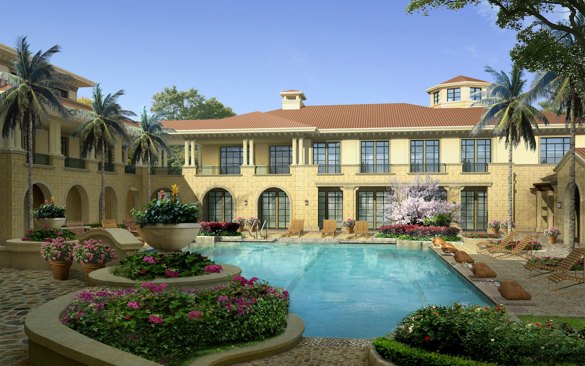 piscine fontaines fleurs