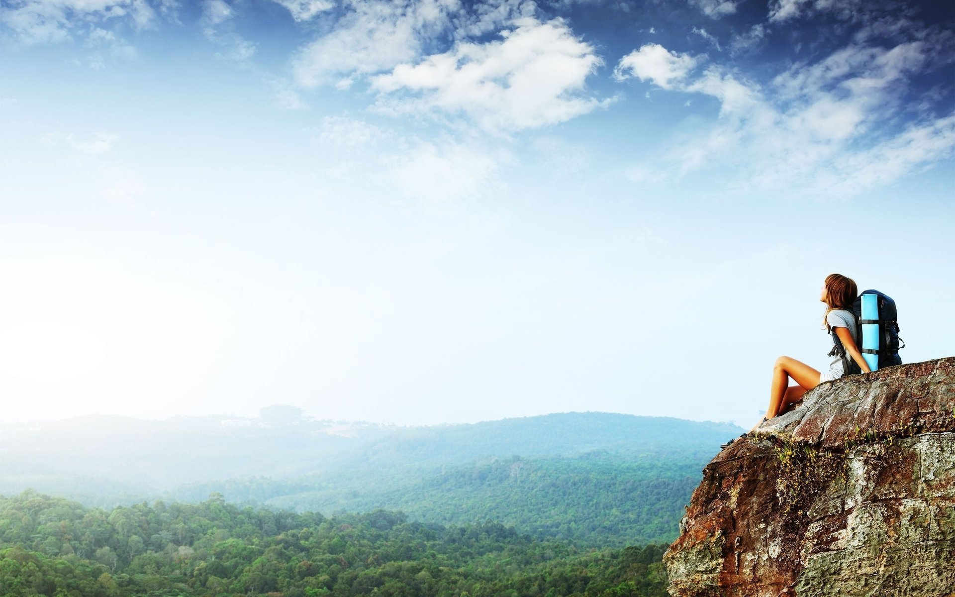 panorama meditation cook kate mountains rock open girl backpack the sky height forest thickets view landscape stay