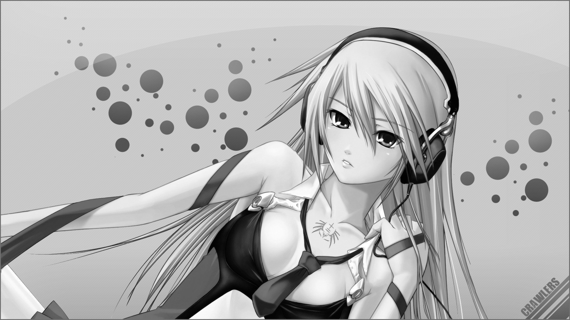 anime fille casque cravate noir et blanc dessins yeux musique