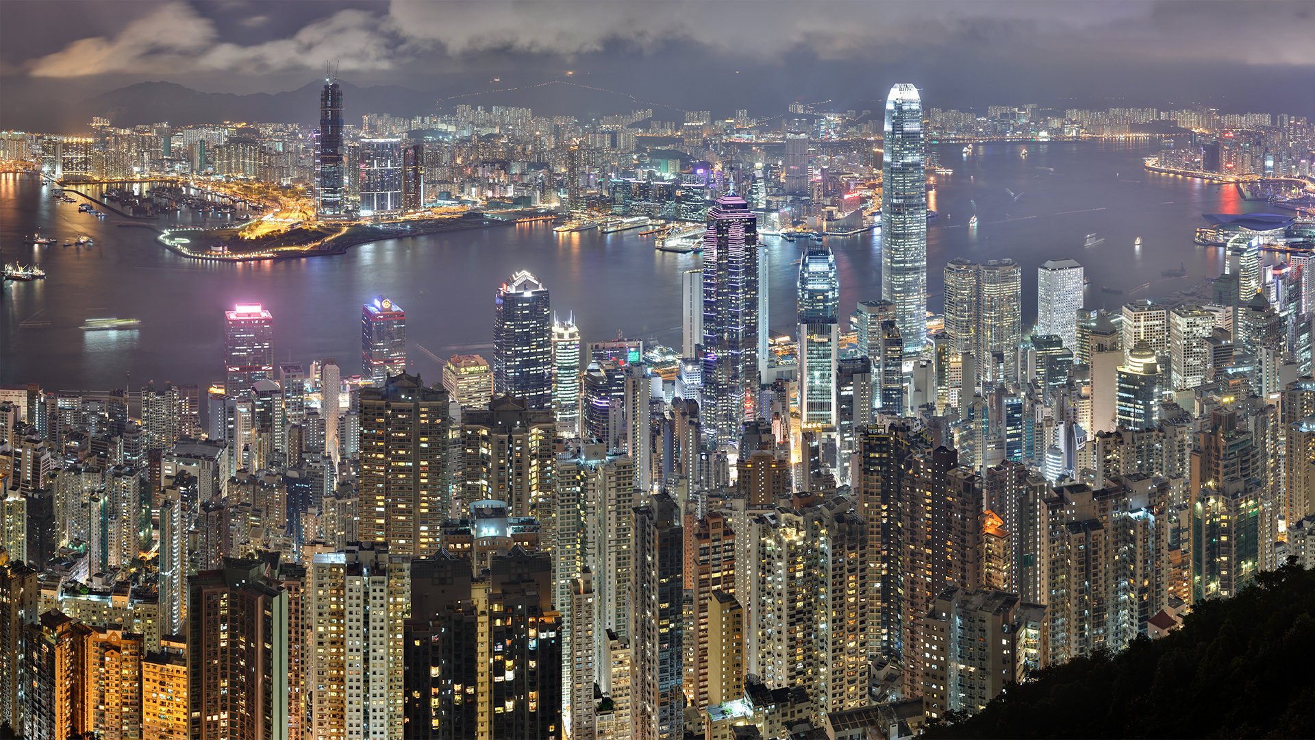 panorama rouge ble villes gratte-ciel nuit mégapoles eau ciel nocturne lumières de la ville vue hauteur usa amérique rivière lumières