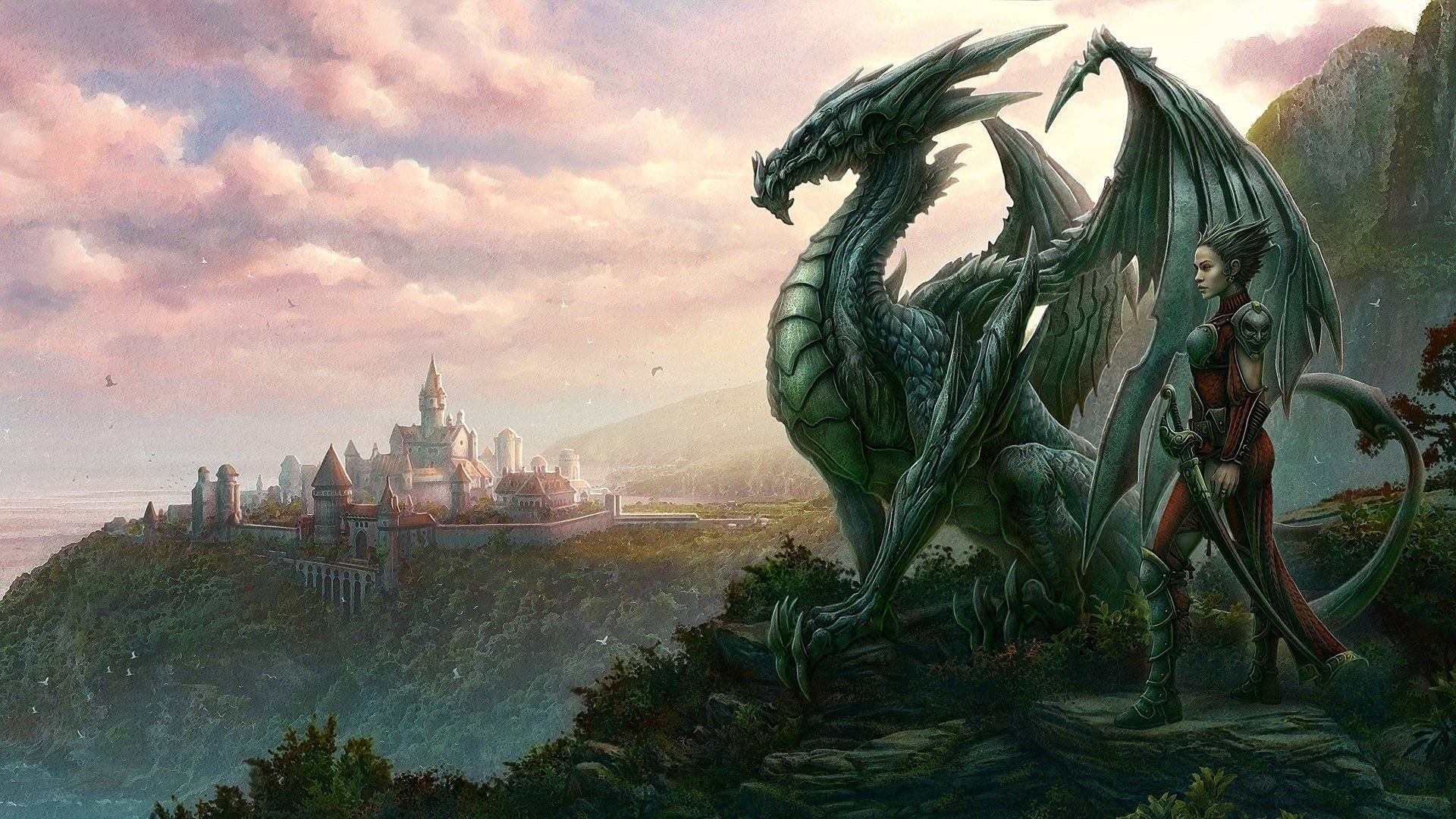 drachen mann blick kerem beyit stadt zeichnungen anime fantasie himmel wolken fantasie waffe mädchen schloss festung klippe wald dickicht dickicht höhe