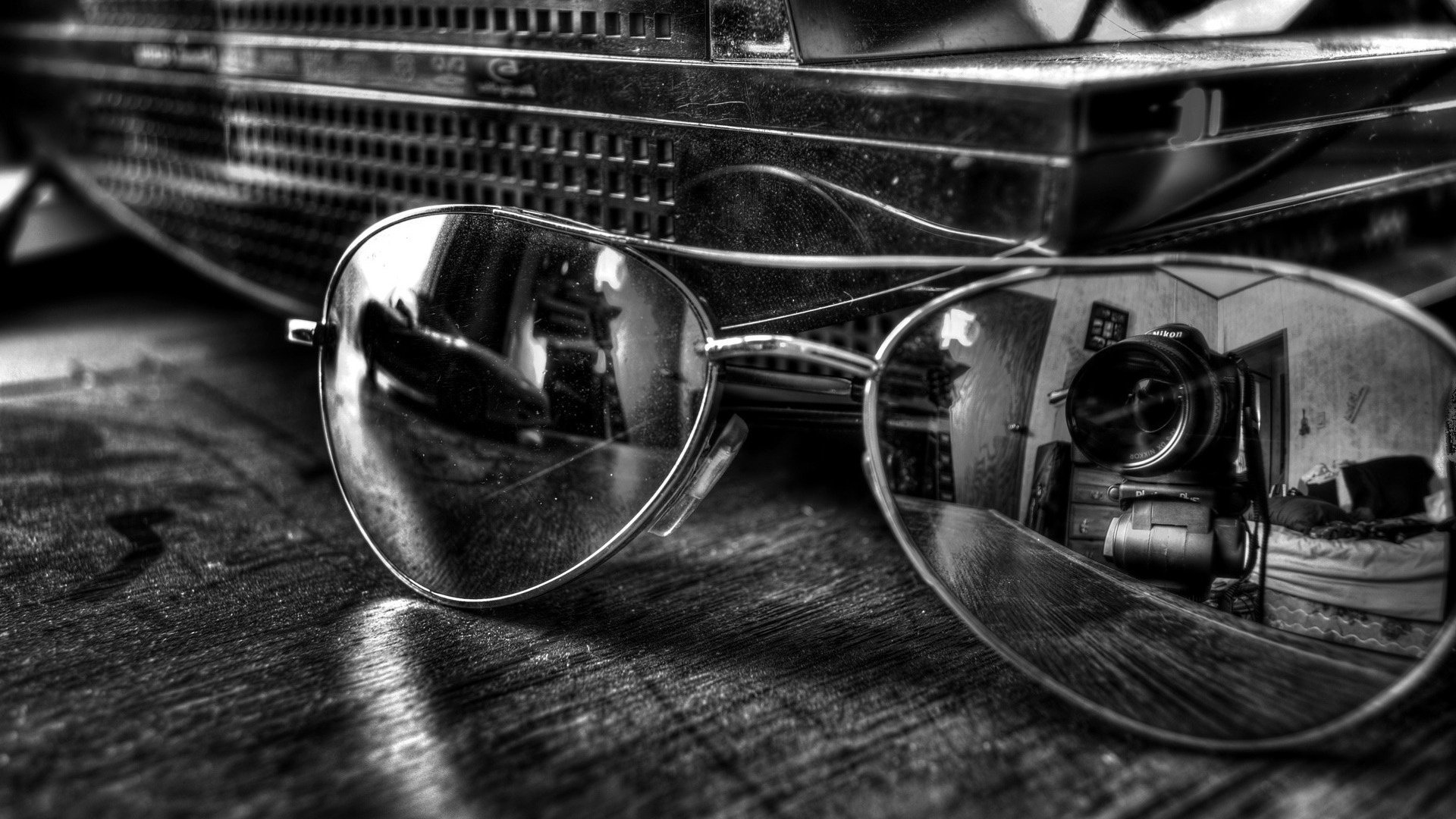 ed ric glasses black and white reflection camera camera photo