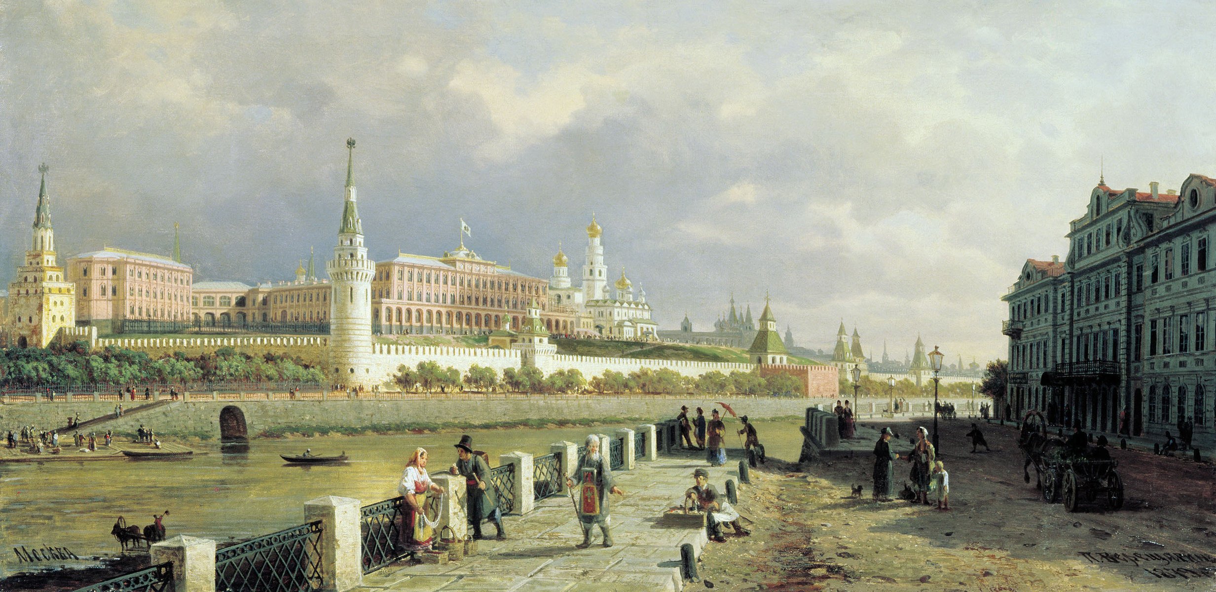 blick auf den moskauer kreml vereshchagin gemälde antike russland moskau kuppeln menschen fluss boote uferpromenade zu fuß himmel wolken städte kreml