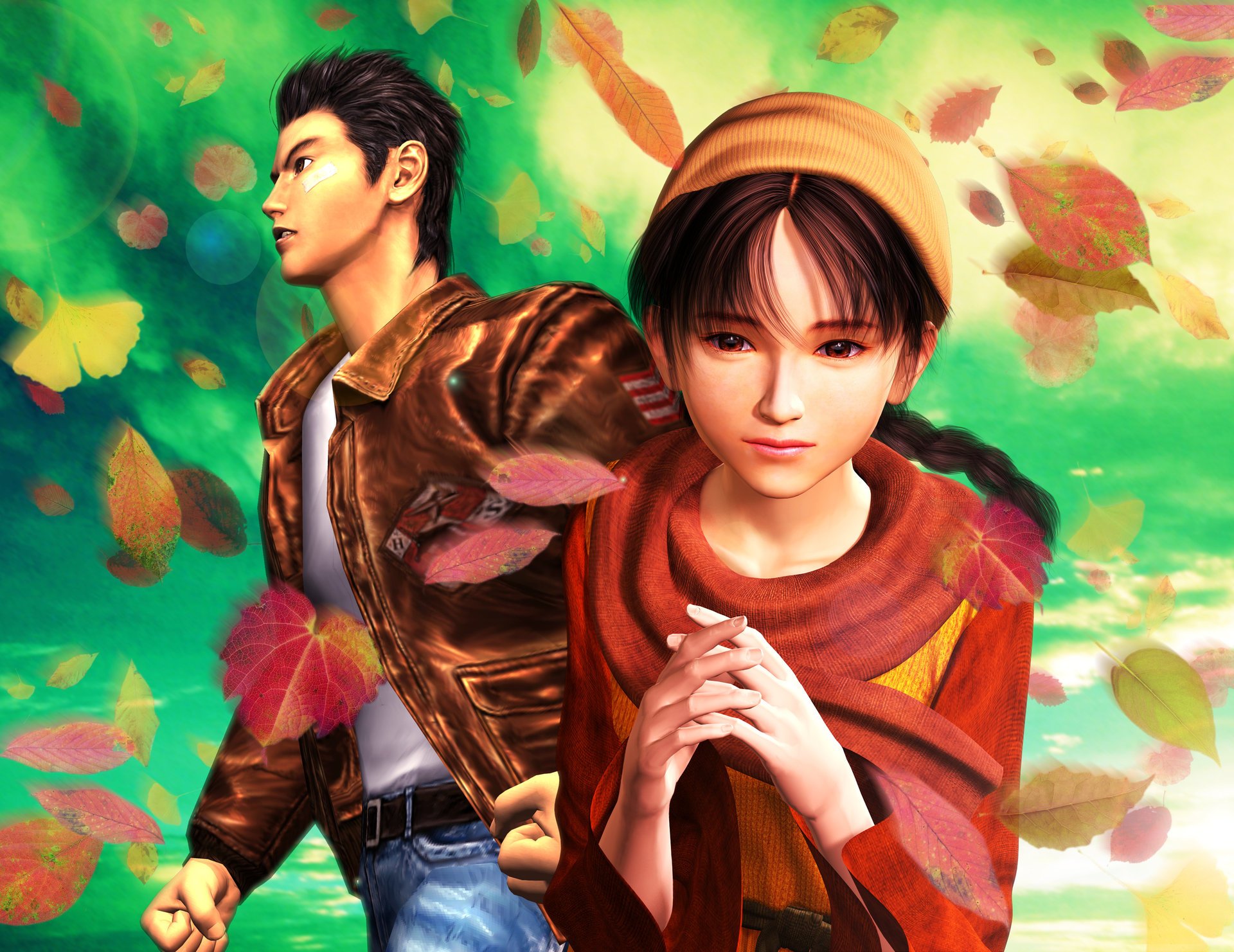 henmue ryo and shenhua shenmue suche sega japan abenteuer drama blätter herbst mädchen freund zwei zeichnungen anime