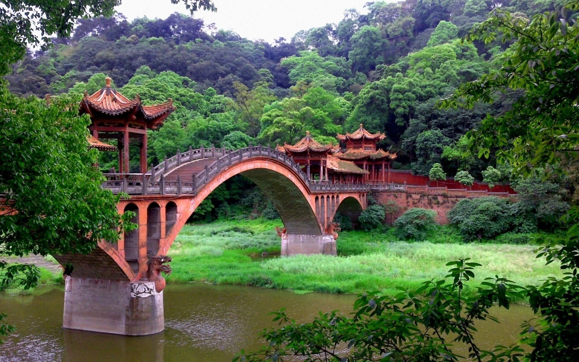 bridge river china asia forest greens nature zen vegetation thickets landscape bridge