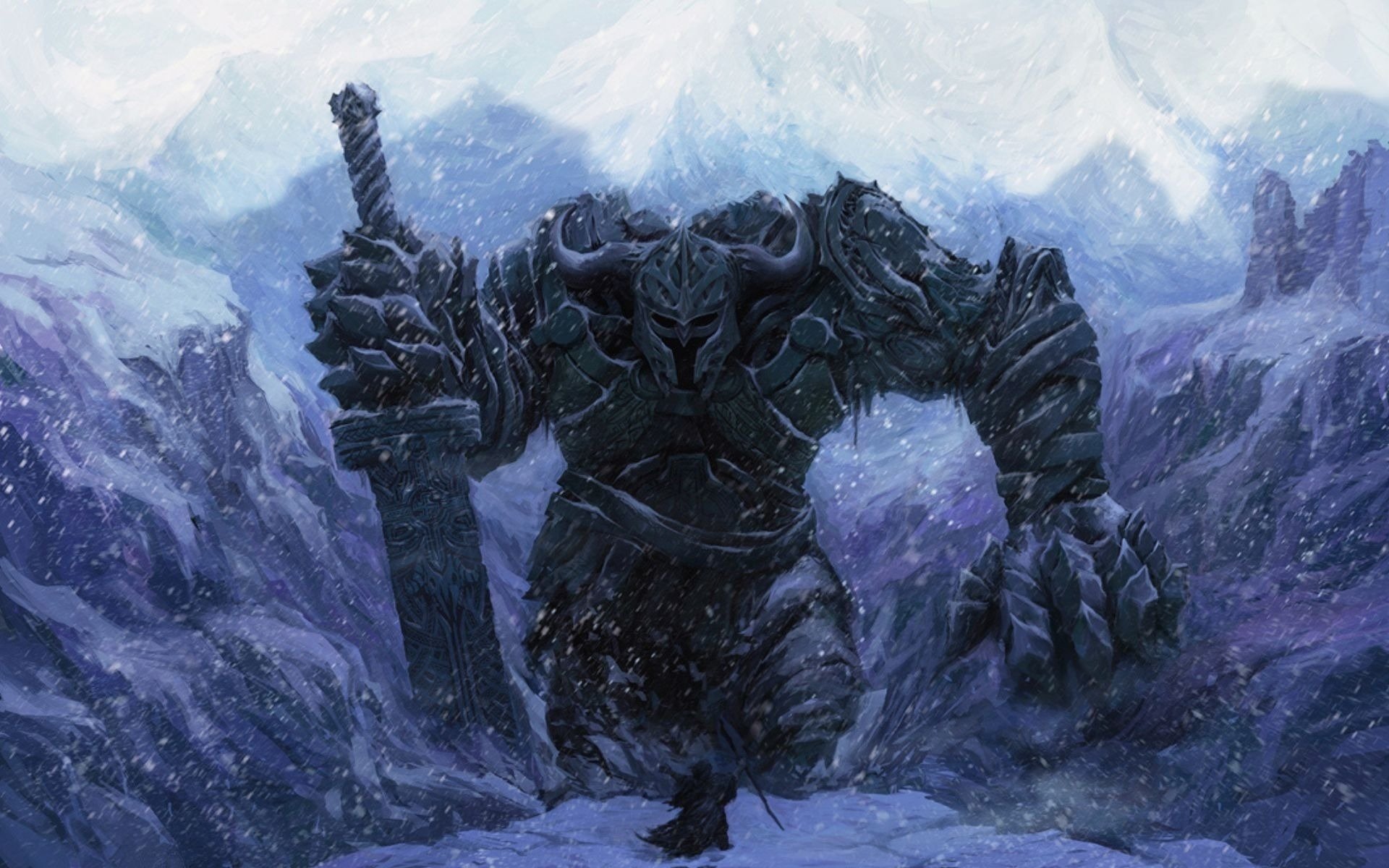 hiver épée homme géant neige guerrier montagnes rochers arme monstre science-fiction