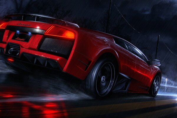 Lamborghini rossa in movimento. Vista laterale