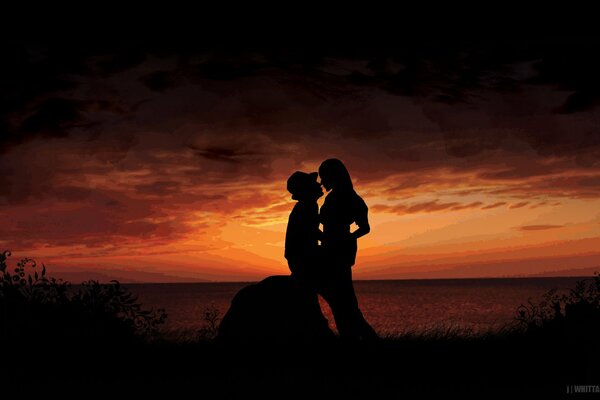 Pareja detrás de la puesta de sol del cielo nocturno