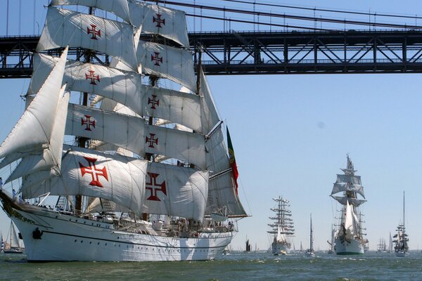 A sailboat on parade sails across the strait under the bridge