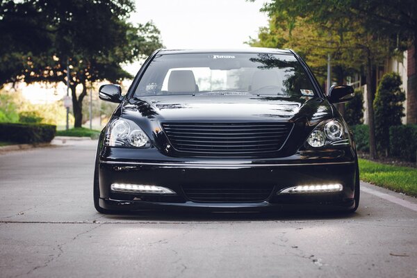 On the road under the shade of trees - a luxurious black Lexus