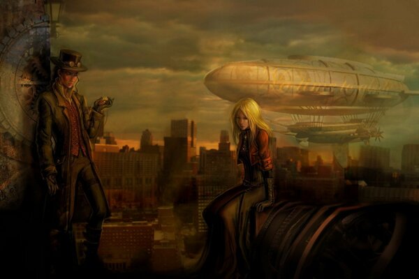 Drawing of a girl and a man. Airship