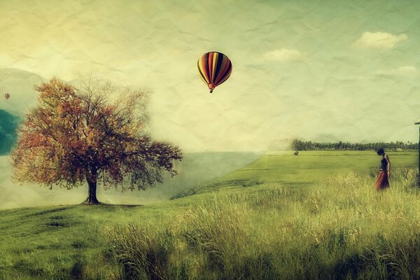 Vuelo del globo, hierba verde en el campo