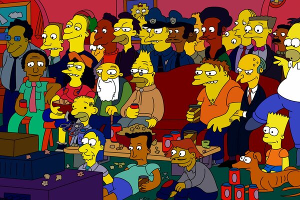 Todos los hombres de Springfield se reunieron en la casa de Homer para ver la televisión.