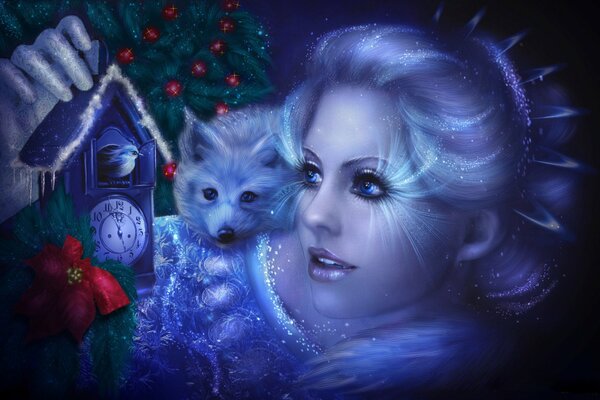 Portrait of a girl with a watch and a small animal on the background of a Christmas tree