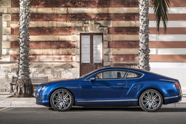 A blue Bentley car is parked near the building