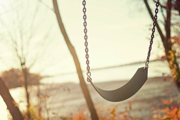 Swing on the shore of the reservoir. Swing on a chain