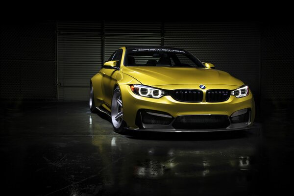 BMW de color dorado de pie en la cara llena en la oscuridad total