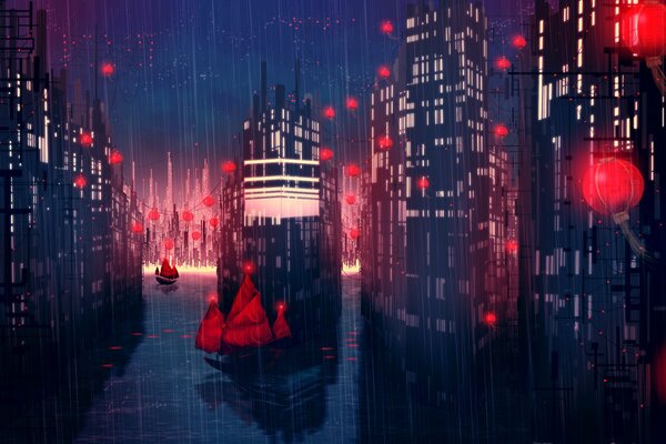 A night metropolis with red lanterns in the rain