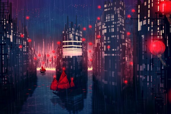 Metrópolis nocturna con linternas rojas bajo la lluvia