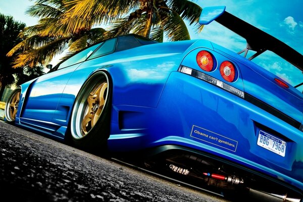 Blue Nissan at the back. The road with palm trees