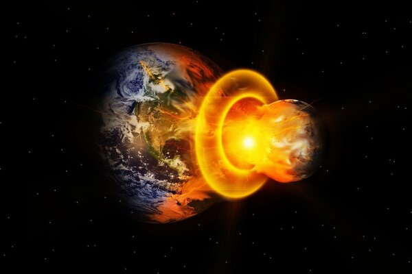 A flash of fire in outer space against the background of the Earth