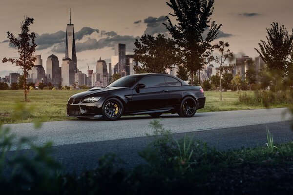 A black car looks harmoniously with nature