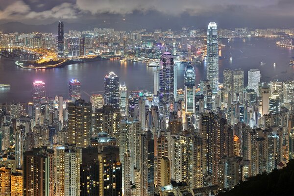 Night lights of megalopolis skyscrapers