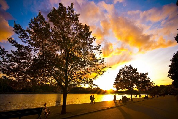 Hermosa puesta de sol, puesta de sol en el parque