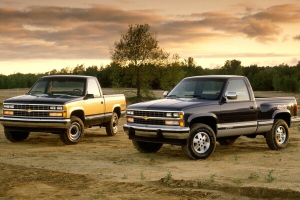 Chevrolet-1500. Sonnenuntergang im Frühlingsfeld