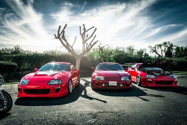 Trio of red tuning cars